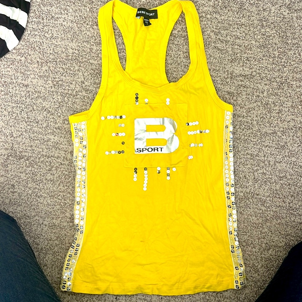 Bebe Sport Logo yellow tank top with sequins
